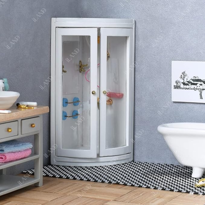 iLAND Dollhouse Furniture and Accessories 1/12 Scale of Dollhouse Bathroom Set incl Ceramic Dollhouse Toilet & Bathtub & Wooden Bathroom Cabinet with Sink (Modern 7pcs)