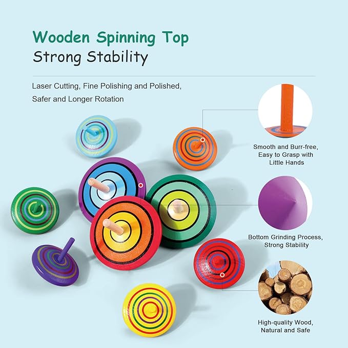 WODI Wooden Spinning Tops, 9 Pcs Wood Novelty Gyroscopes, Kids Handmade Painted Spinner, Kindergarten Toys, Vintage Craft Spin Top, Great Gift for Toddlers Girls Boys