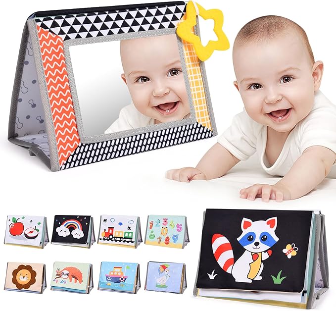 Tummy Time Mirror Baby Toys, High Contrast Crinkle Cloth Book with Teether for 0 3 6 Months Babies Boys Girls, Montessori Newborn Sensory Toys Activity Book for Shower Gifts
