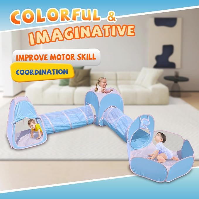 Action Air Kids Play Tent Set with Tunnel and Ball Pit, 5-in-1 Pop Up Playhouse for Toddlers 1-3, Blue