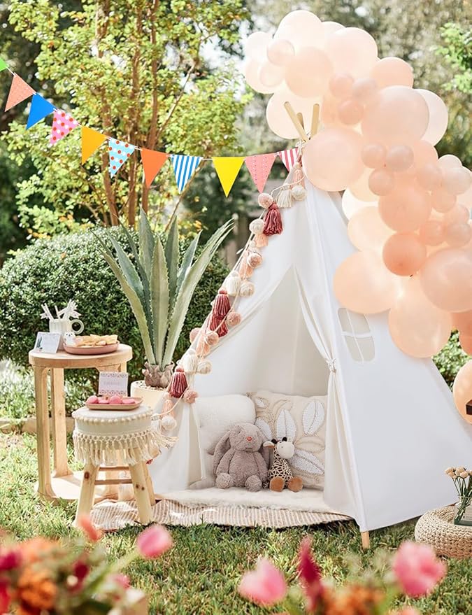 Sumbababy Teepee Tent for Kids Tipi Tent Indoor - Cotton Canvas Kid Tents for Inside with Light & Flag- Foldable Toddler Play Tents for Girls & Boys Slumber Party - Washable Boho Play House Gift Toys