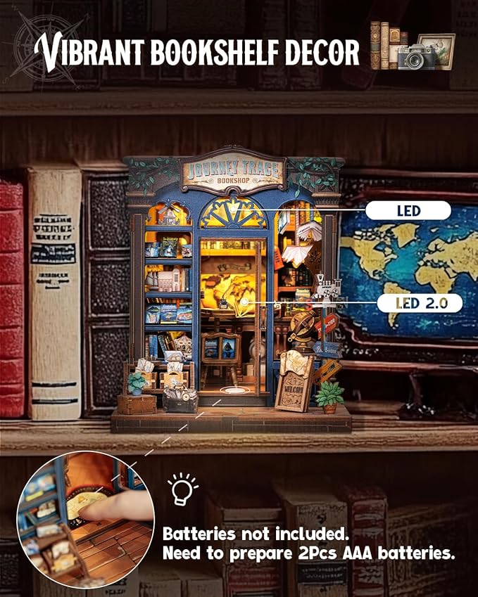 Cutefun Book Nook Kit - DIY Miniature Dollhouse Booknook Kit for Adults and Teens, Tiny House Bookshelf Insert Decor with LED Light, Gifts for Family and Friends (Journey Trace Bookshop)
