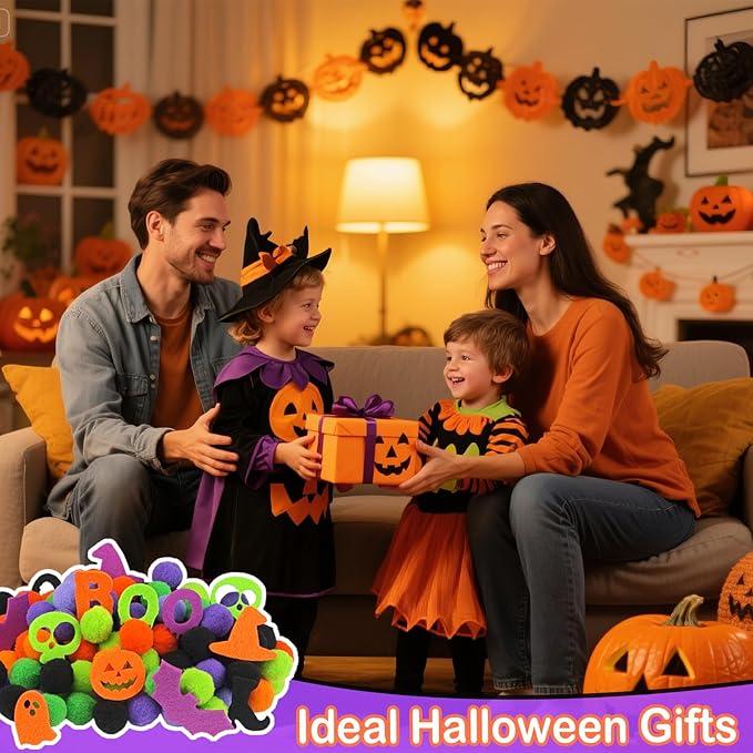 213 Pcs Halloween Felt Sensory Bin Filler Sensory Bin Items Fine Motor Toys Counting Sorting 100 Pom Pom 100 Felt Bat Ghost Pumpkin 8 Sorting Cups for Halloween Sorting Counting Training