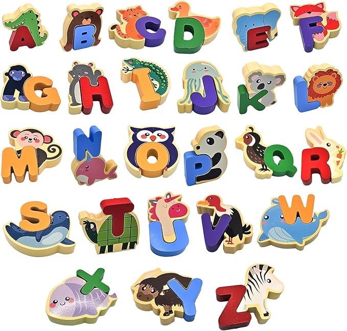 Animal Letter Combination Puzzle. 52 Pieces of Wooden Letters and Animals, Alphabet Puzzle, Montessori Toys Wooden Puzzles for Kids 3-5, Toddler Preschool Learning