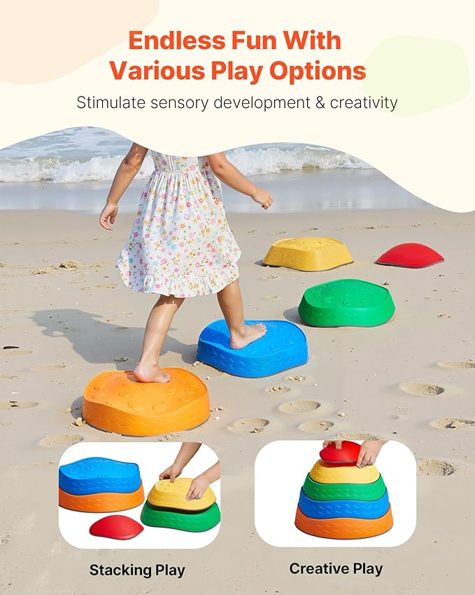 VEVOR Balance Stepping Stones for Kids, 5 PCS, Up to 220 lbs, Non-Slip Toddlers Sensory Stepping Stones, Obstacle Course Coordination Game Toys Indoor or Outdoor Play for Children Aged 3 4 5 6 7 8+