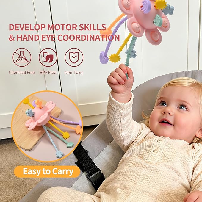 Silicone Baby Sensory Montessori Toys & Pull String Teething Toys for 6-12-18 Months, Toddler Birthday Gift Car Seat Airplane Travel Toy for 1 2 Year Old Boy Girl Infant 8 9 10 Months Old (Pink)