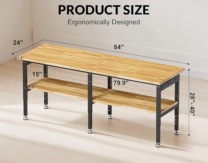 84” Heavy Duty Work Bench, 2-Layer Adjustable Workbench, 5000 LBS Capacity Work Bench with Power Outlet & Pegboard, Rubber Wood Work Table for Garage, Workshop, Office, Home
