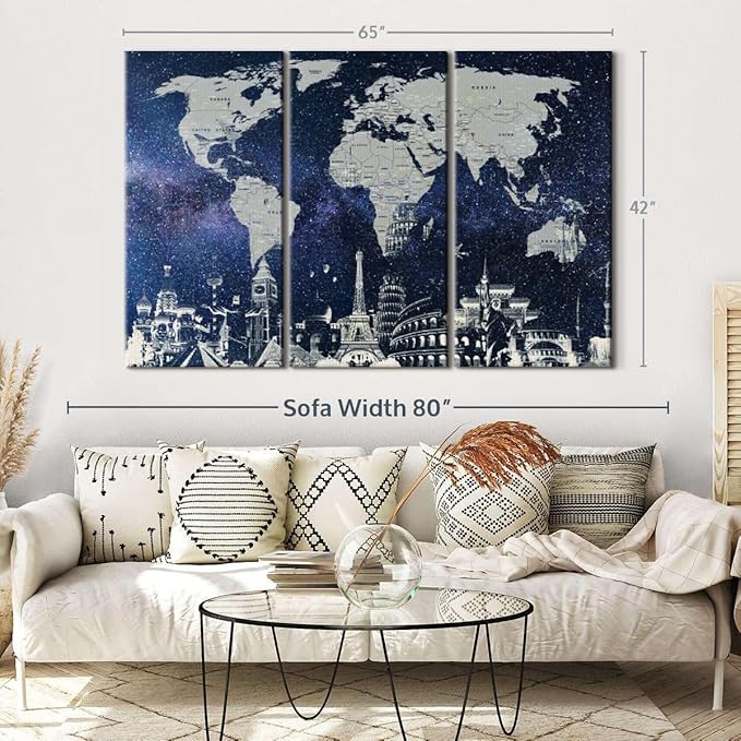 ElephantStock Starry World Map Multi Piece Canvas - 3 Panel Wall Decor - Map of the World Art - Canvas for the Office and Home - 65" X 42"