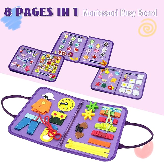 Montessori Busy Board - Busy Book for Toddler 3 4 Educational Toys for Boys Girls, Sensory Activity Board, Fine Motor Skills Learning Gift (Pupple-B)