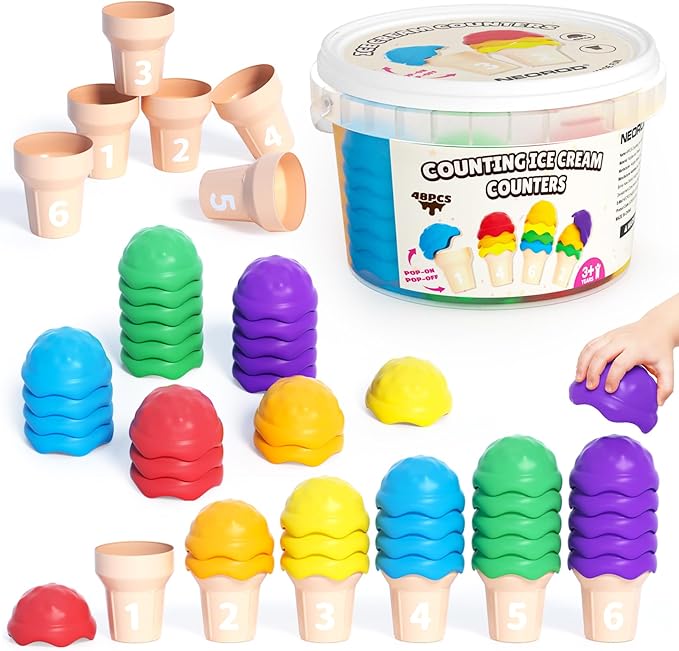 NEOROD Rainbow Ice Cream Counting Toy & Color Recognition Stacker，Sensory Math Manipulatives for Toddler Preschool Learning Activities, Fine Motor Skills Toy,Set of 42 Scoops，6 Cones, a Container.