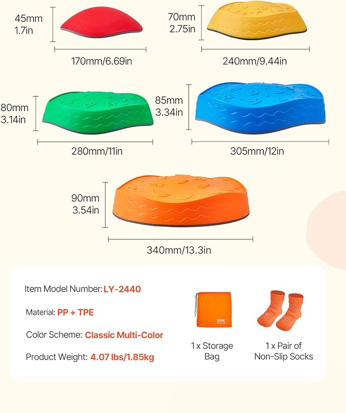 VEVOR Balance Stepping Stones for Kids, 5 PCS, Up to 220 lbs, Non-Slip Toddlers Sensory Stepping Stones, Obstacle Course Coordination Game Toys Indoor or Outdoor Play for Children Aged 3 4 5 6 7 8+