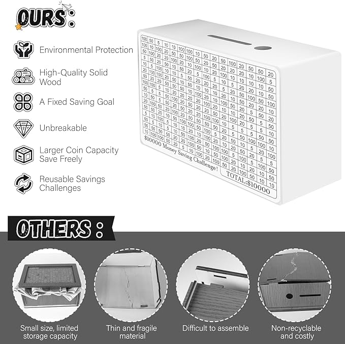 Wooden Money Saving Box, Cash Savings Box for $10000 $5000 $3000 $1000 $800 $500 Target Money Saving Challenge, Money Box with Counter/Dry Erase Pen/Savings Trackers/Rubber Band -White