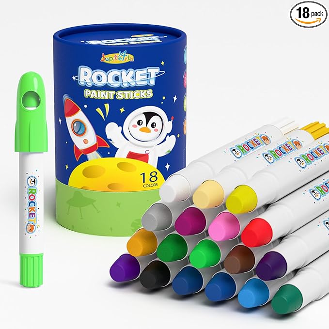 18 Colors Rocket Tempera Paint Sticks with 120 PDF Coloring Pages, Quick Drying, Non-Toxic and Washable Paint Sticks for Kids and Students, Art Supplies for Drawing on Paper and Canvas