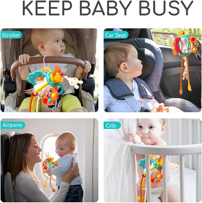 Toddlers Airplane Travel Toys Montessori Toys for Babies 6-12 Months Boy Girl Sensory Baby Infant Car Seat Toys Essentials Silicone Pull String Newborn 1 2 3 Year Old