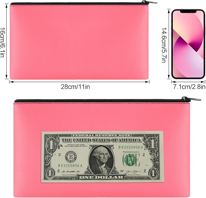 4Pack Money Bag 11 X 6" - Safe Durable Waterproof PU Leather Bank Pouch With Zipper for Cash, Coins, Checks, Bills, Receipts, Makeup, Tool Storage (Peach)