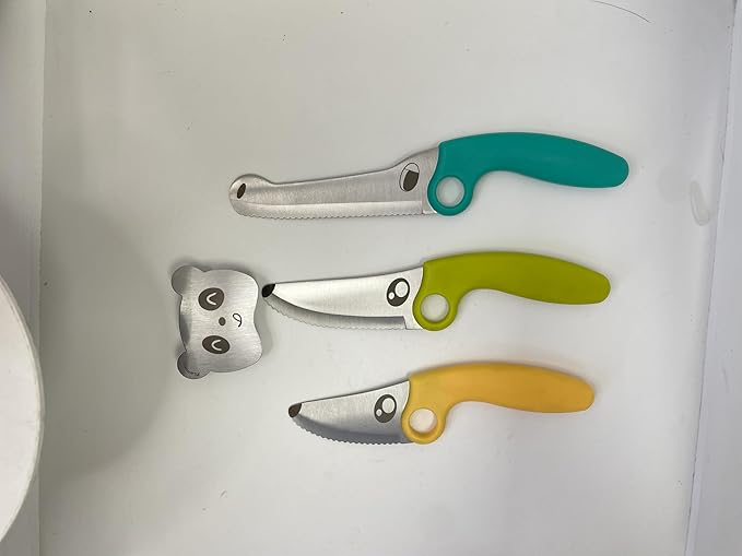 Kids Knife Set for Real Cooking with Educational Ring & Panda Finger Guard for Boys & Girls Cutting, Kids Chef Knife Stainless Steel Blade for Kitchen Cutting-Cool-toned