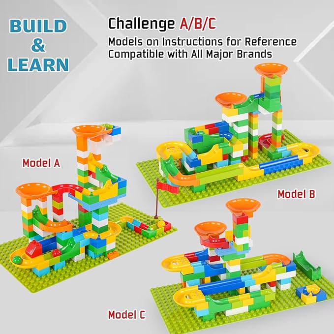 Marble Run Building Blocks for Kids, 145 PCS Building Bricks with Step-by-Step Guide, STEM Toy Track Compatible with Major Brands for Age 3 4 5 6 7 8+ Boys Girls Birthdays