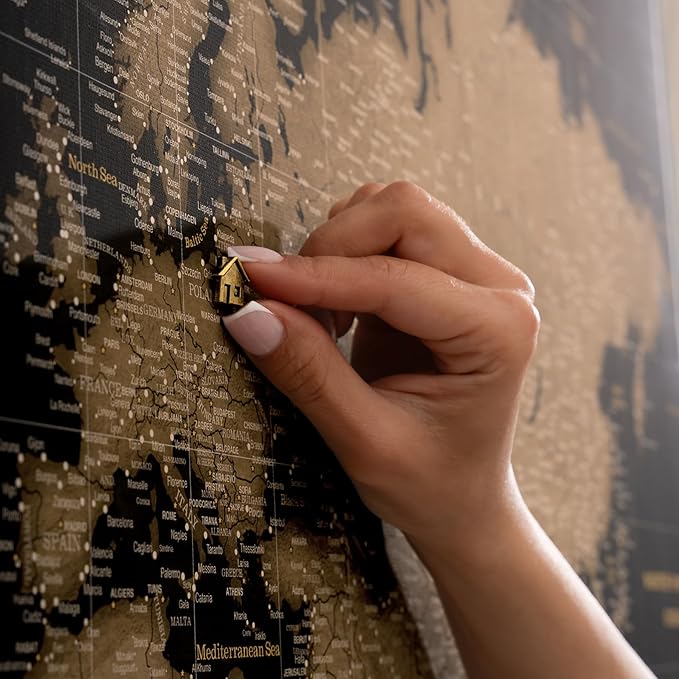 Canvas World Map with Cork Pin Board - English Lettering - Decorative Wall Decoration for All Rooms - Canvas Pictures with World Map Motif (90x60 cm, Pattern 6)