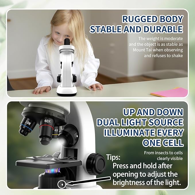 Microscope for Kids Scientific Experiment Kit 40X-1600X Magnification LED Light Educational STEM with Slides and Lab Tools Ages 6-12 (White)