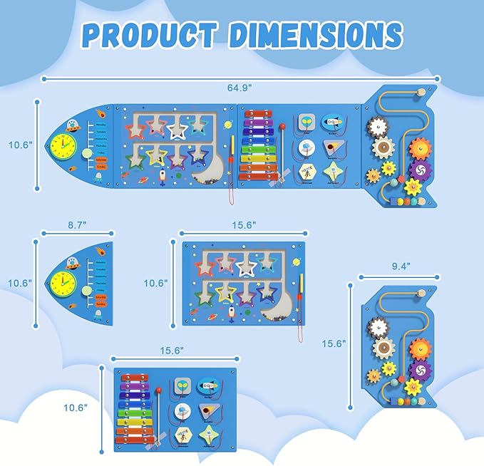 Rocket Activity Wall Busy Board Panels - Sensory Wall Panel for Kids, Montessori Toddler Wall Activity Board, Wall Toys for Toddlers 3, Activity Cube, Wall Activity Boards, Blue(4PCS)