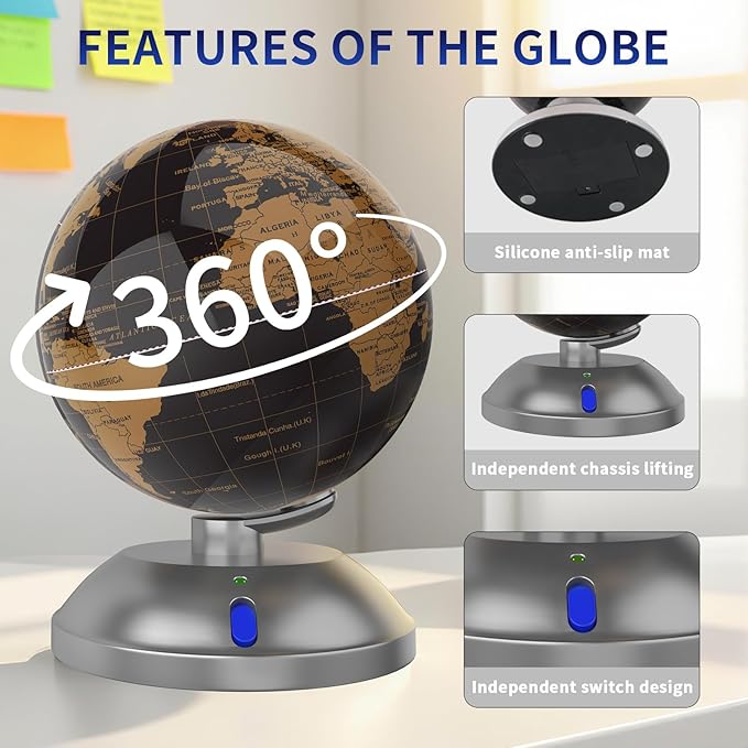 360-degree rotating globe, independently supported by a base, 9-inch design world blobe, built-in LED night light, high-definition color visual map details, suitable for children's geography education, study and office decoration, living room decoratio...