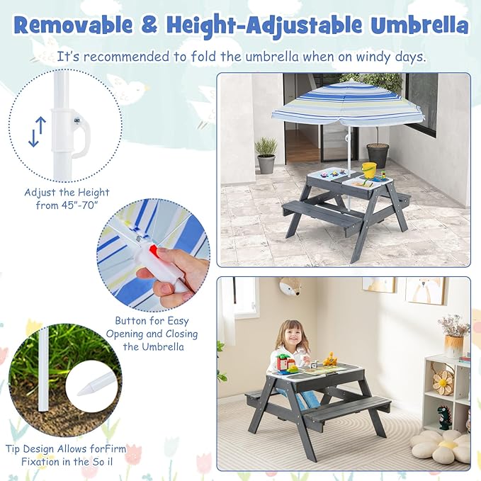 HONEY JOY Kids Picnic Table, 4 in 1 Cedar Wooden Sand & Water Table w/ 3 Removable Box & Umbrella, Kids Picnic Tables for Outdoors Backyard Garden, Toddler Patio Furniture Set for Boys Girls(Gray)