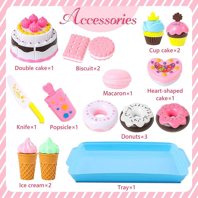 LOVESTOWN Pretend Desserts Toy Set, 15 PCS Play Food Desserts for Kids Kitchen, Toy Ice Cream Cupcake Baking Plastic Play Food for Girls Boys Birthday Gift