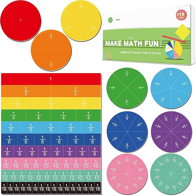 Opret Magnetic Fraction Tiles & Fraction Circles 19 Sets 118 Pcs, Rainbow Math Manipulatives for Elementary School, Magnetic Fraction Puzzle Math Classroom Supplies Christmas Gift