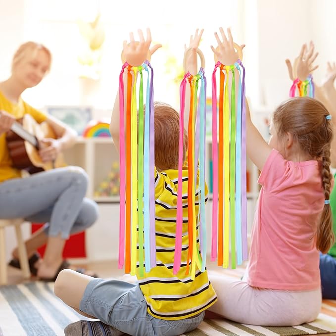 Sumind 6 Pcs Rainbow Ribbon Hand Kites Wands for Kids Dancer Streamer String Toy Thrown Waldorf Wand with Wooden Ring Wand Learning Educational(Fresh Colors)