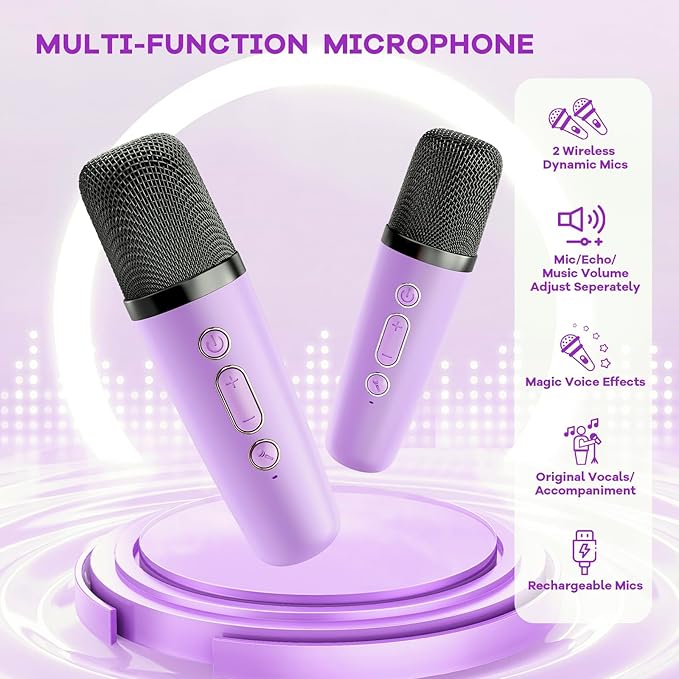 Mini Karaoke Machine with 2 Wireless Microphones, TOP Kids Gifts for Girls Ages 3, 4, 5, 6, 7, 8, 9, 10, 11, 12 +Years Old, 4-12th Birthday Toy Gift for Girls Boys Party (Purple)