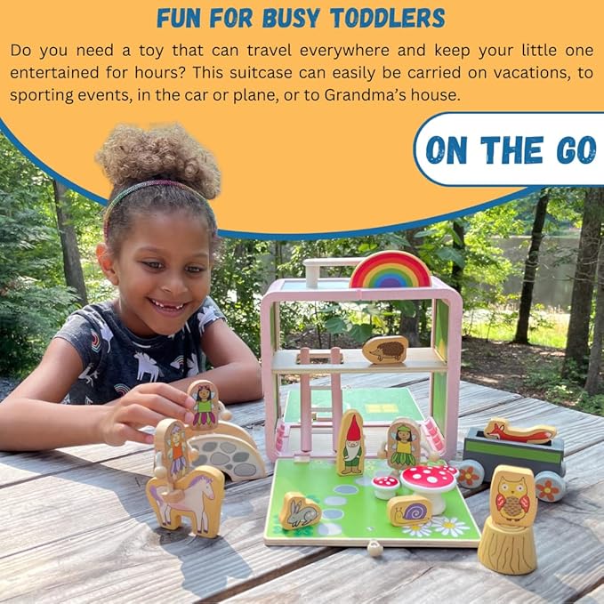 Suitcase Playset(Fairy House) by Jack Rabbit Creations-17 Piece Set-Portable Play Toys-Includes Fairies,Animals ,Gnome Bridge and Car-Made of Eco-Friendly Bamboo- Ages 3+ Years