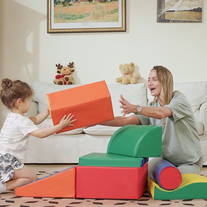 Soozier 7 Piece PU Leather Soft Play Climbing for Toddlers, Baby Colorful Soft Play Gym Toys Indoor, Modular Crawling & Climbing Play Set for 1-3 Years Multi-Color