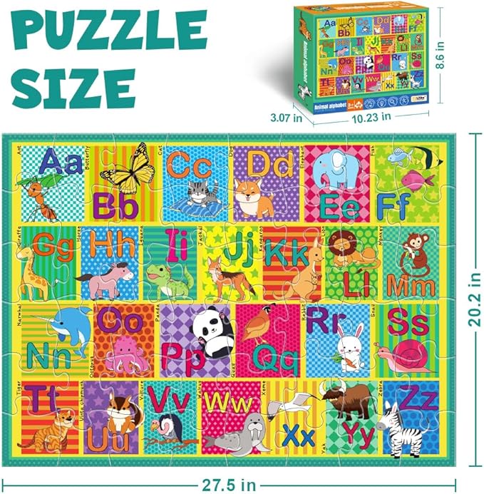 Floor Puzzle for Kids,48 Pcs Animal Letter A-Z Alphabet Puzzle,Vivid Animal Design Letter Games for Preschoolers,Learning Educational Toys for Boys and Girls,Floor Puzzles for Toddlers 3 and up