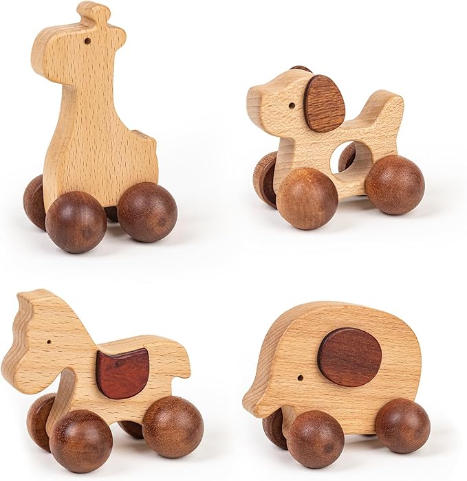 Wooden Push Car Toy Set – 4PCS Montessori Wooden Cars for Kids Age 3+ | Push & Pull Animal Toy Cars (Puppy, Elephant, Pony, Giraffe) | Safe Wooden Baby Toys Gift