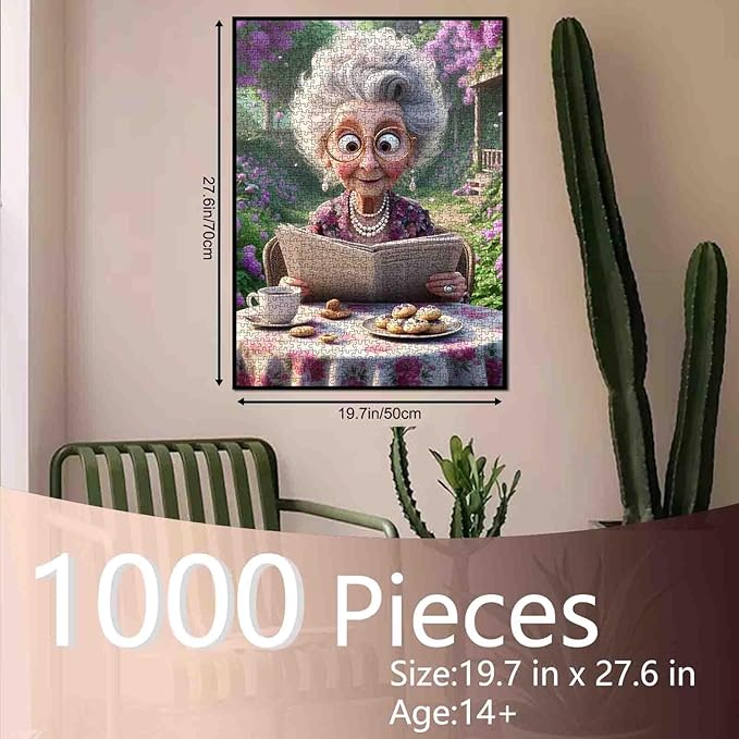 Old Granny Reading Newspaper 1000 Piece Jigsaw Puzzles for Adults Afternoon Tea Jigsaw Puzzle for Challenging Family Activity Game Garden Artwork Puzzle for Home Decor Unique Gifts 20x27 Inches