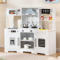 Costzon Corner Kids Kitchen Playset, Wooden Toy Kitchen Set with Range Hood, Ice Maker, Pretend Telephone, Sink, Faucet, Microwave, Oven, Play Kitchen with Lights and Sounds for Toddlers (White)