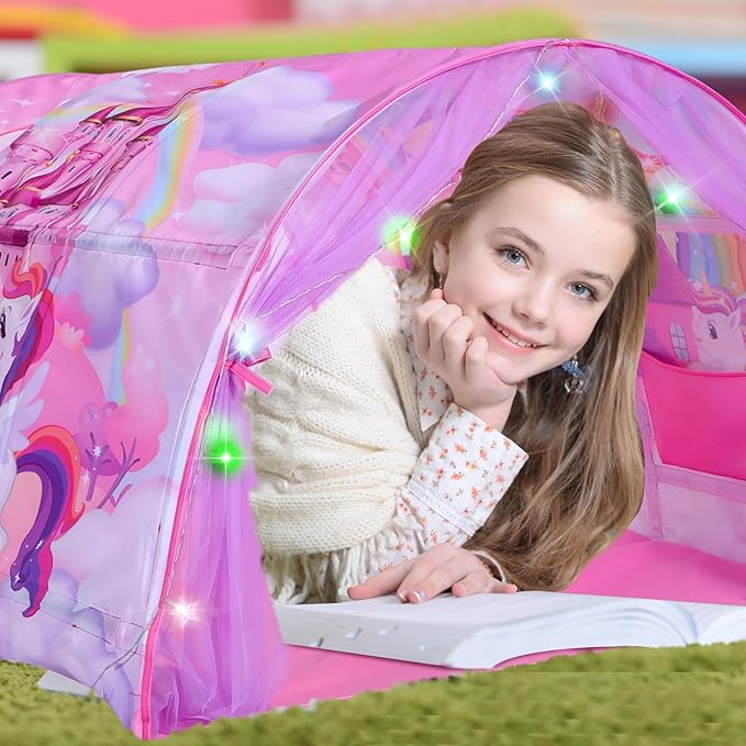 Unicorn Bed Tent for Kids Large Kids Twin Tent Toddler Play Bed with Carry Bag Foldable with String Lights for Girls Boys Bedroom Indoor Games