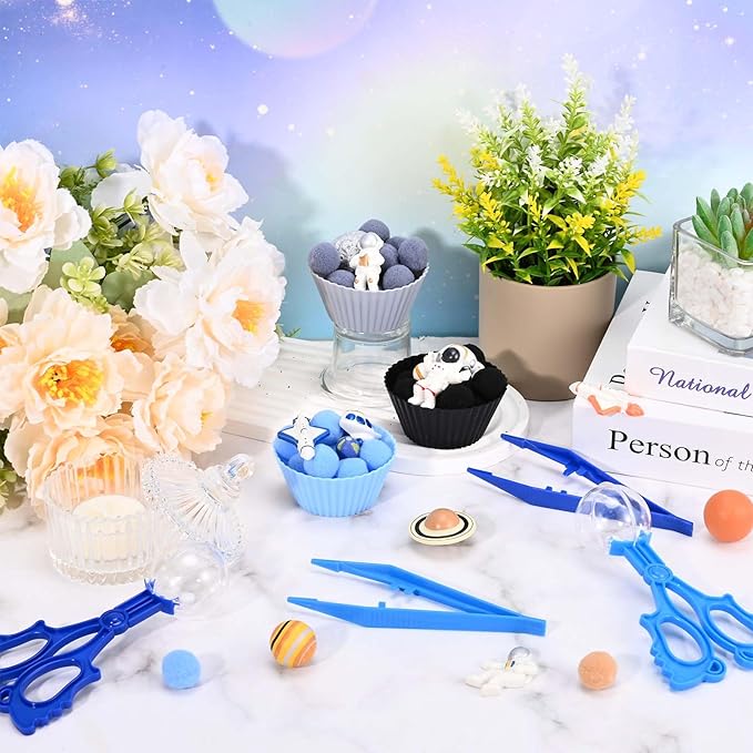 152 Pcs Space Sensory Bin Fillers Outer Space Fine Motor Skills Astronauts Sensory Bin Item Pompoms Cups Tweezers Scissor Clips for Preschool Education Activities Sorting Counting