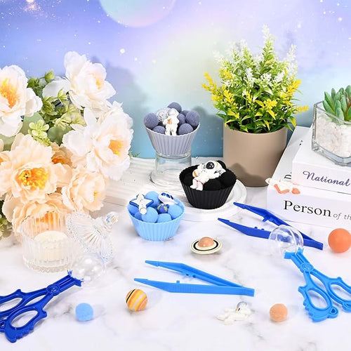 152 Pcs Space Sensory Bin Fillers Outer Space Fine Motor Skills Astronauts Sensory Bin Item Pompoms Cups Tweezers Scissor Clips for Preschool Education Activities Sorting Counting
