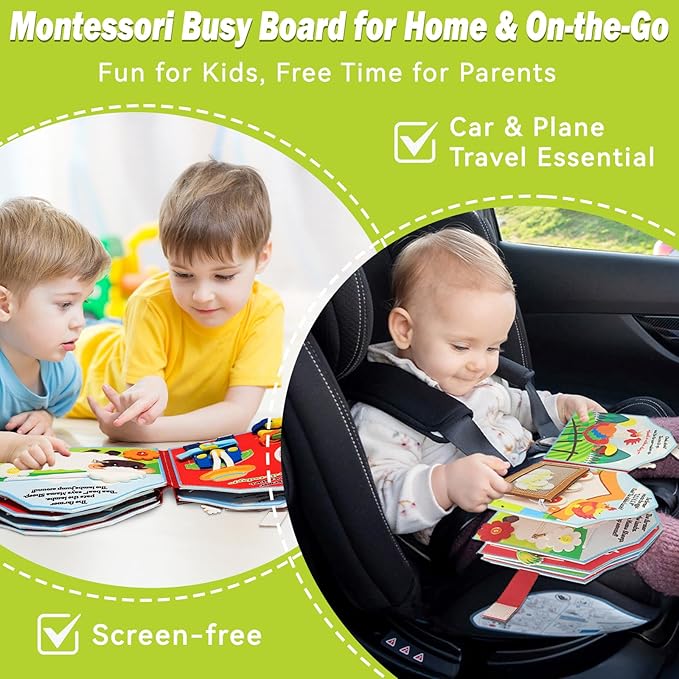 Busy Board for Toddlers 1-3, Farm Animals Quiet Busy Book for 1 Year Old, Felt Montessori Toys Educational Learning Activity Books, Airplane Car Travel Toys for Boys Girls Kids Birthday Gifts