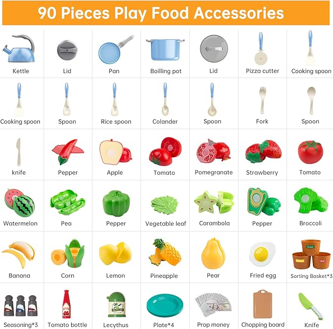 90Pcs Kitchen Playset Accessories, Pretend Cooking with Pots, Pans, Cookware, Food, Fruit, Veges, Color Sorting Baskets, Prop Money, Learning Gift for Girls Boys Toddlers (Blue)