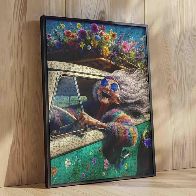 Colorful Grandma Driving Jigsaw Puzzle 1000 Piece for Adults Students 20×27 Inches Floral Hippie Retro Car Theme Vibrant Flower Design Puzzles Relaxing Gift Home Decor Stress Relief Challenge