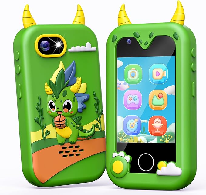 Lapare Kids Smart Phone Toys, 2.8'' Touchscreen HD Dual Camera Cell Phone for Kids, Birthday Gifts Dinosaur Toddler Play Phone for Boys 3-10, Travel Learning Toy for with 32GB SD Card(Green)