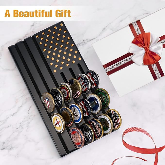 Military Challenge Coins Display Holder,Challenge Coins Stand with American Flag,Army Collectors 6 Rows Military Coin Display Case Rack Solid Wood