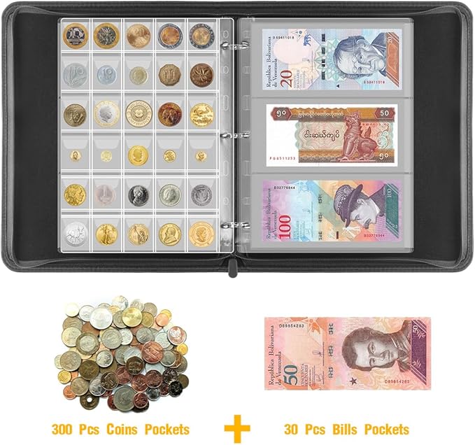 Silph PLC Coin Collection Book Holder for Collectors, Coin Album Binder Storage Box Case for Money Currency Collection Supplies - [300 Coins Pockets+30 Bills Pockets]