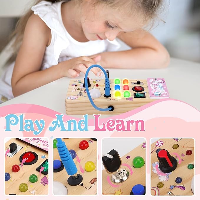 Unicorn Wooden Busy Board Sensory Toys with 8 LED Light switches,Christmas Travel Toys Montessori Toys for 1 Year Old Babies Toodler