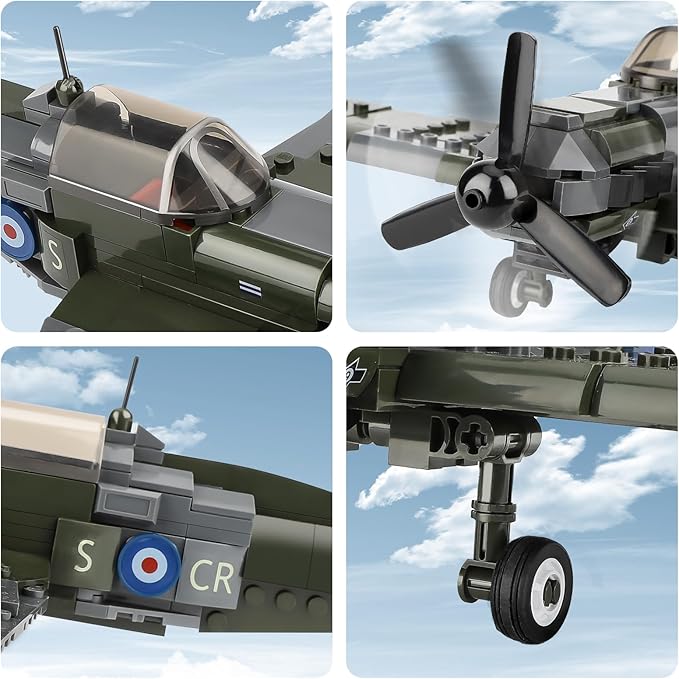 WW2 Spitfire Fighter Military Plane Building Set - with Sliding Features, Compatible with Lego Plane, Rotating Propellers, and an Open Cockpit Door