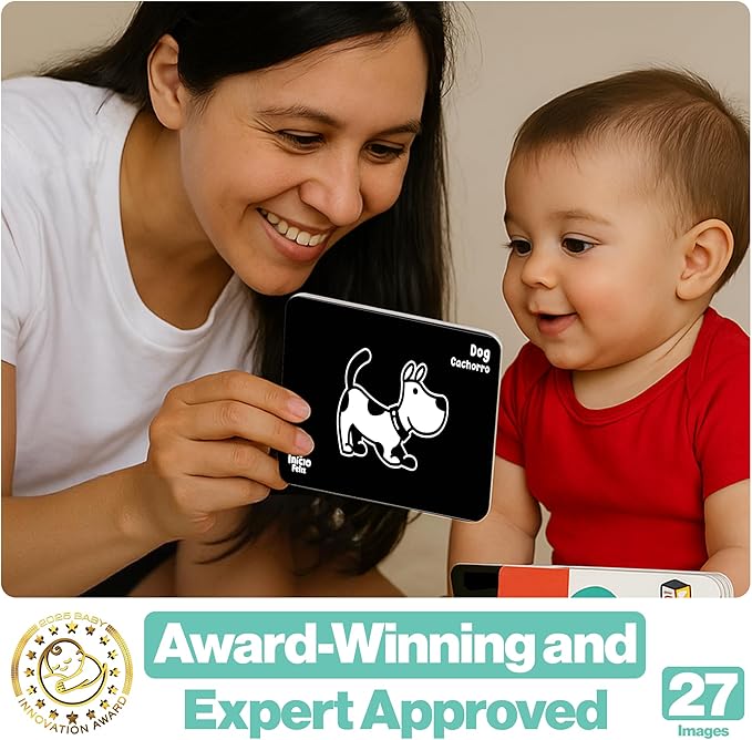 Happy Start High Contrast Baby Cards for Newborns - Black & White Cards, Water-Resistant, BPA-Free, Portable Educational Flashcards for Visual Stimulation, Award-Winning, Ages 0+(English & Portuguese)