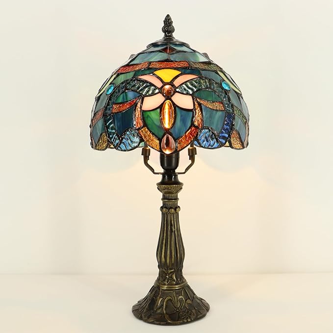 Small Tiffany Lamp Mini Accent Table Lamp Stained Glass Desk Memory Lamp Sympathy 8X14.5 Inch (Blue Baroque Style)