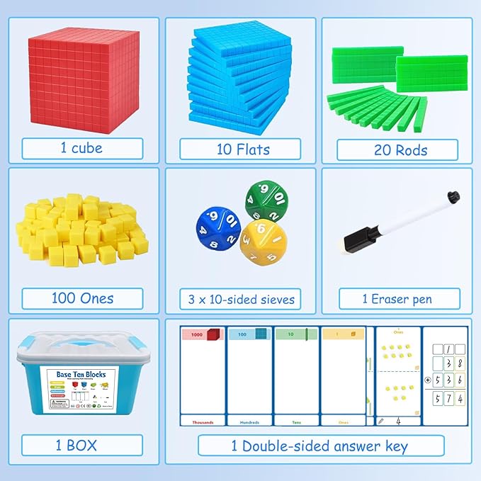 Base Ten Blocks for Math, Place Value Blocks, Base 10 Math Manipulatives for Kids, Plastic Math Cubes, Number Blocks, Math Counting Cubes for Kindergarten 1st-3rd Grade, 137 Pcs